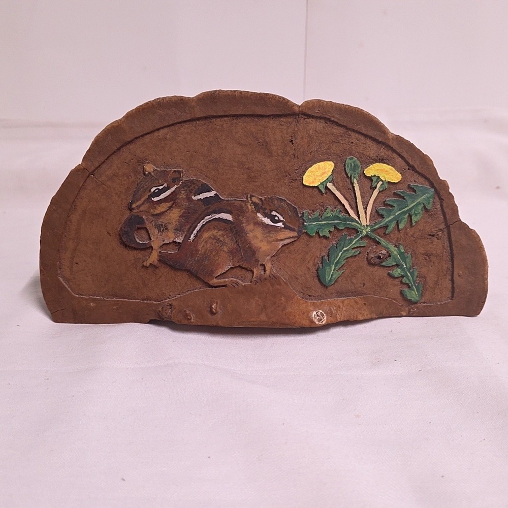 Carved Conk Bracket Fungus Mushroom Folk Art 1996 Brown Chipmunk Dandelion
